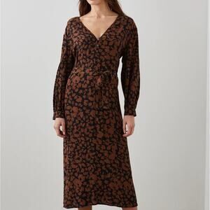 NWT Rails Fabian Garden Silhouette Crepe Black & Brown Print Midi Dress Sz S